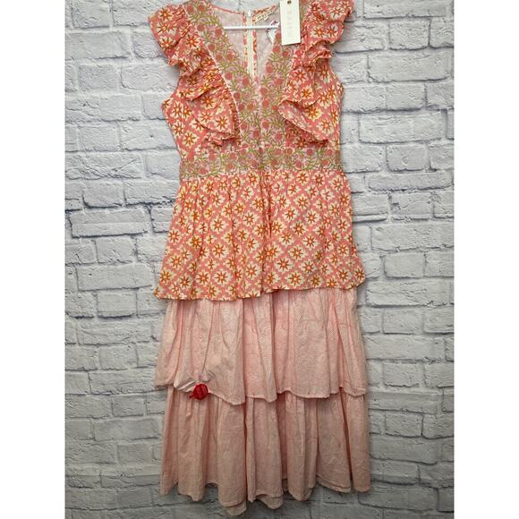 Marea The Fiesta Midi Dress Floral Embroidered Cotton Tiered Ruffle MED - NWT - Picture 2 of 5